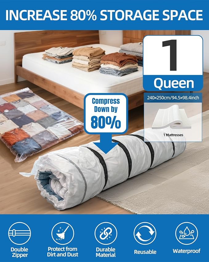 Vacuum Storage Bags for moving, Vacuum Seal Bags for Memory Foam, Latex, Clothing & Bedding, Space Saver Bags(1 Queen/Full/Full-XL)