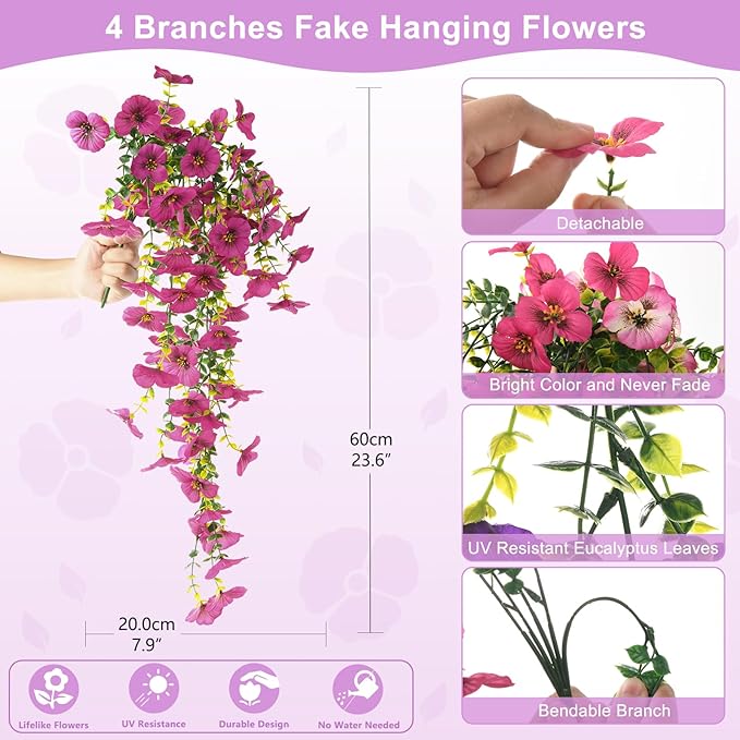 Fake Artificial Flowers for Outdoors, 4 Pcs Faux Hanging Pansy Flowers Spring Summer Decor, UV Resistant Fake Plants Silk Flower for Planter Front Door Porch Patio Yard Garden(Gradient Double Pink)