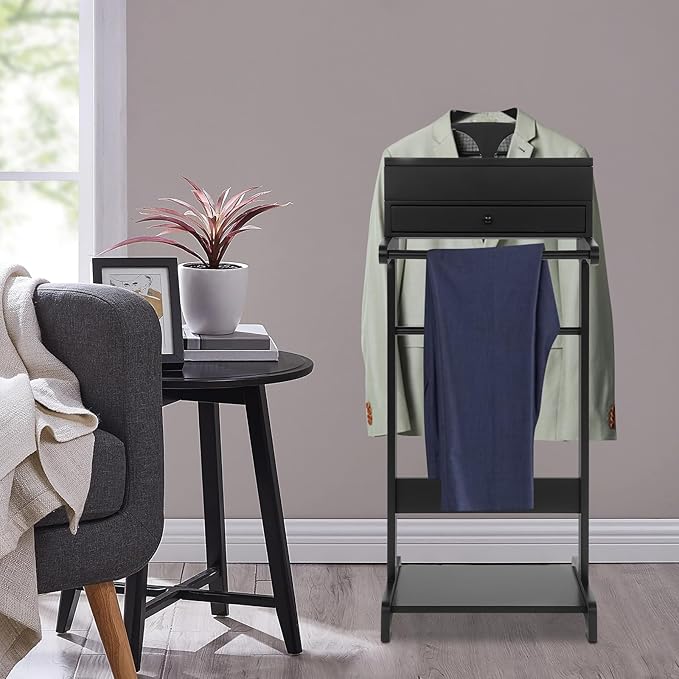 Clothing Valet Stand, Wood Suit Rack with Drawer & Compartment, Freestanding Valet Stand for Women and Man, 17"x12"x44" Suit Stand for Home Hotel Office (Black)