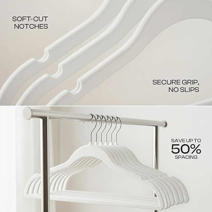 Utopia Home Velvet Hangers 50 Pack – Luxury Non-Slip Slim Pant & Coat Hangers, Strong Space-Saving Clothes Hangers with Pants Bar and 360° Swivel Hook – White