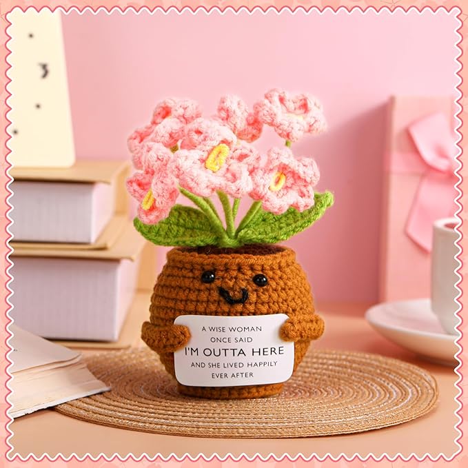 Wavwavw Coworker Leaving Gifts for Women Men, Positive Flower Doll Crochet with Card Funny Farewell Going Away Goodbye Gifts for Coworkers Employee Teacher Friends Retirement(Cute Style)