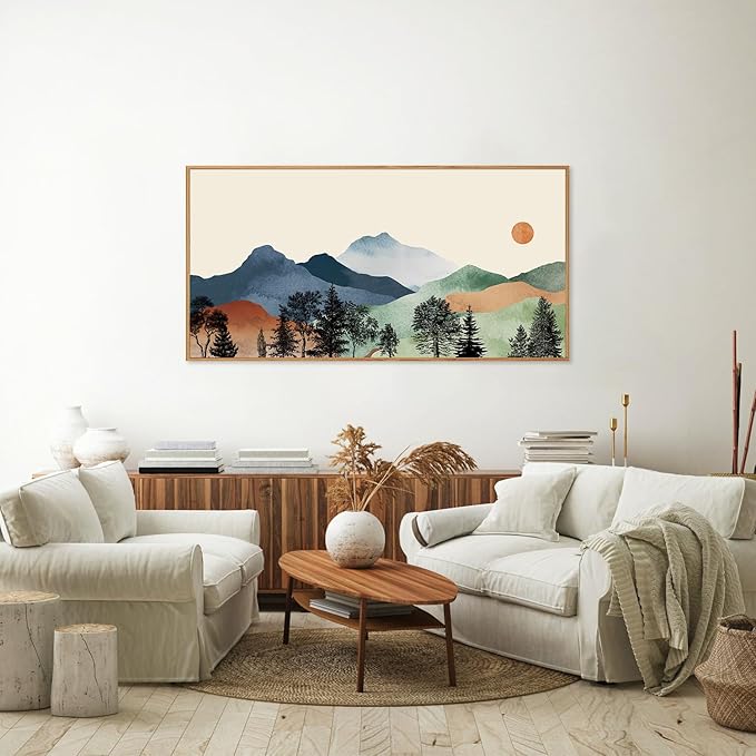 SIGNINART Boho Mountain Framed Canvas Wall Art, Watercolor Nature Landscape Art Prints, Modern Sunrise Art Paintings, Green Forest Wall Decor for Living Room, Bedroom, Office 20"x40"