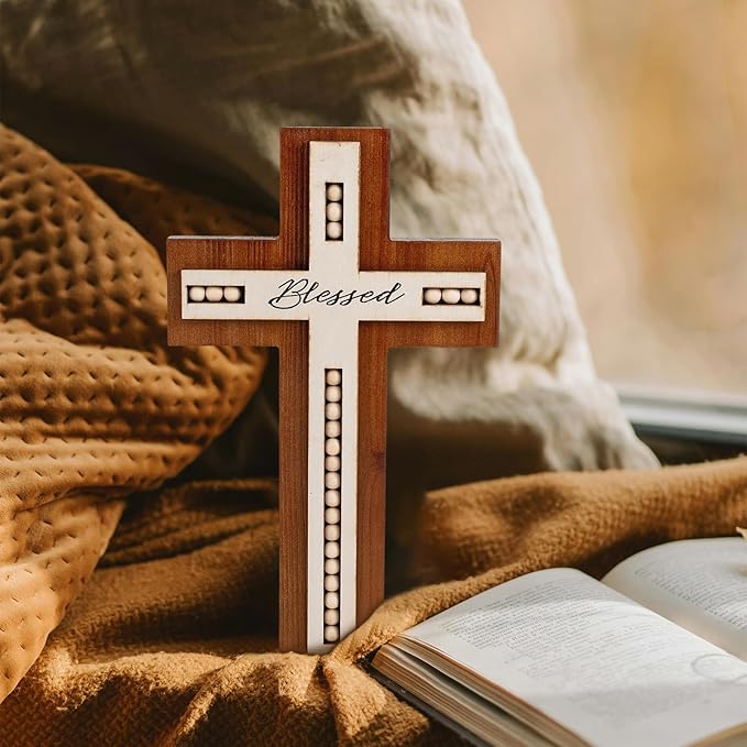 OKSQW Wall Wooden Cross Christians Cross Spiritual Religious Gifts With Hook on Hanging Wall Or Table With Blessed and Wood Bead for Church Home Room Decoration for Christmas