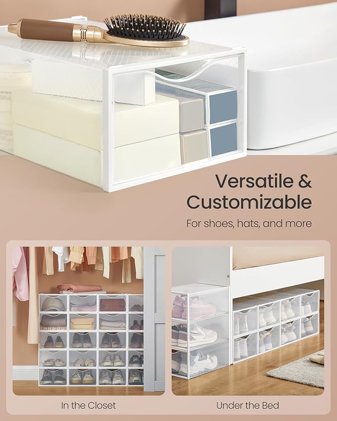 SONGMICS Shoe Boxes, Shoe Storage Organizers Rack for Closet, Plastic Stackable Sneaker Containers Case, 12 Pack, Transparent and Cloud White ULSP312W01