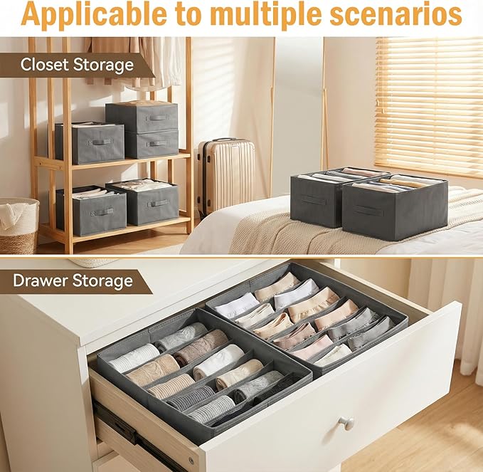6 Pack Foldable Wardrobe Clothes Organizer with Handle 7 Grids Stackable Closet Drawer Organizer for Jeans, Pants, Sweaters, T-Shirts, Leggings, Grey