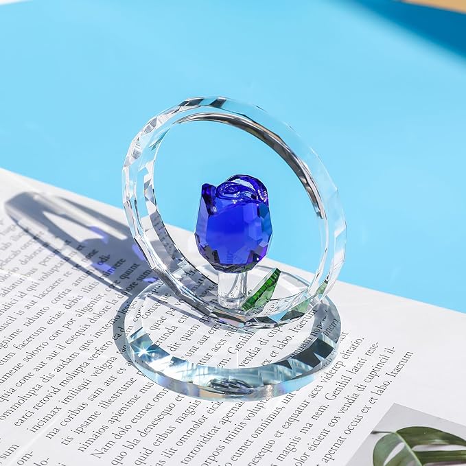 LONGWIN Crystal Blue Rose Flower Figurine Collectible Glass Spring Bouquet Decorative Ornaments for Home Office,Romantic Valentine’s Day, Anniversary & Wedding Gifts for Women