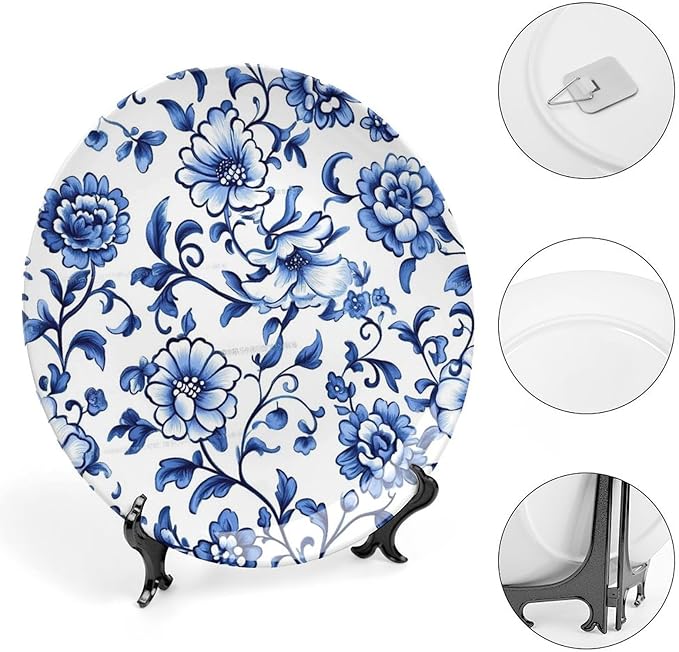 Blue Ceramic Decorative Plate, Floral Design Decorative Dish with Stand, Chinese Style Bone China Decorative Plates Art Porcelain Plate for Living Room Hallway Table Decor