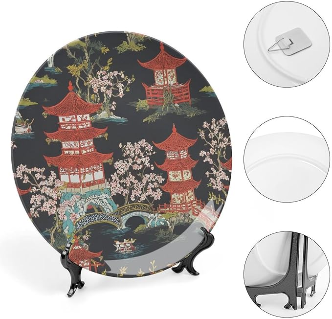 Decorative Plate Chinoiserie Charcoal Coral Pagoda Asian Customize Decor for Festival Display Home Kitchen Ceramic Dinner Plate 1 Plate with 1 Display Stand, Multi Sizes, Gifts for Men Women