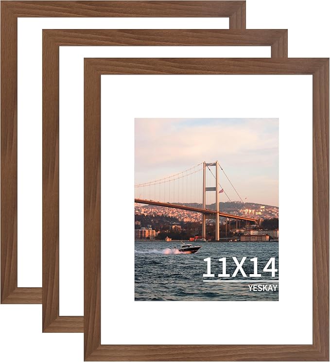 11x14 Picture Frame 3 Pack - Brown Poster Frame Display Pictures 8x10 with Mat or 11 x 14 Without Mat for Wall Hanging Horizontal and Vertical