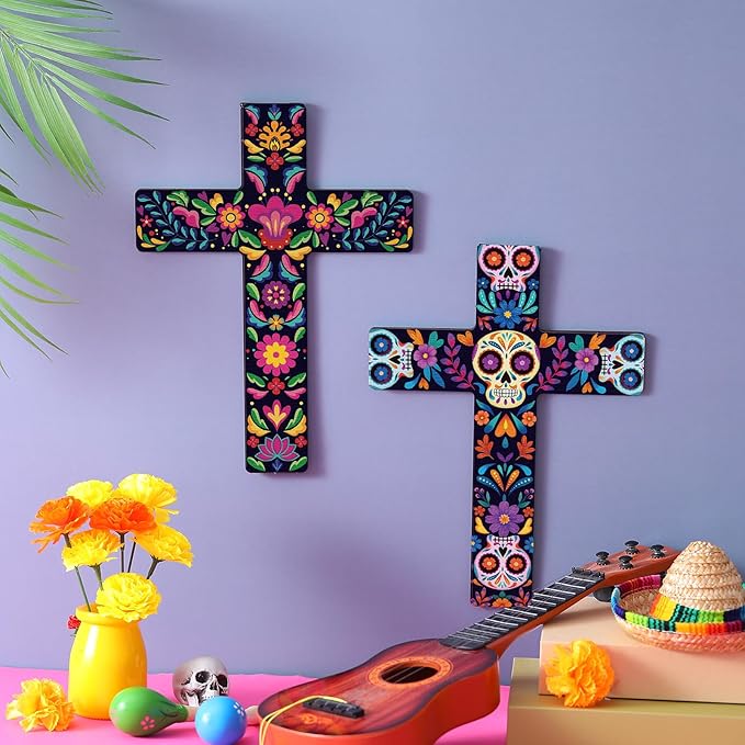 Pinkunn 2 Pcs Mexican Cross Wall Decor Floral Day of The Dead Decoration Hand Painted Wood Wall Art Dia De Muertos Altar Decorations Spanish Cross Decor for Home(Sugar Skeleton)