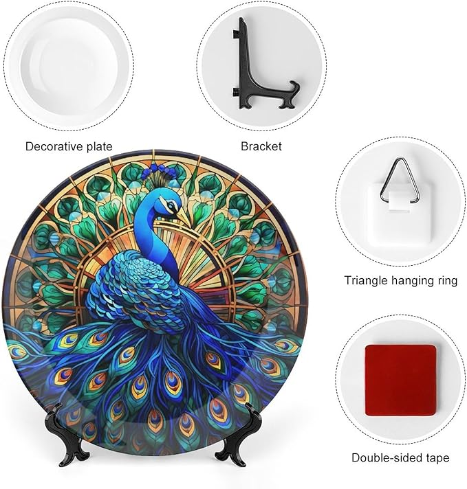 Decorative Plates, Watercolor Peacock Stained Glass Design Ceramic Dinner Plate Home Wobble-Plate with Display Stand, Wall Hanging Decor for Kitchen Household 10 Inch, Gifts for Peacocks Lover