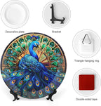 Decorative Plates, Watercolor Peacock Stained Glass Design Ceramic Dinner Plate Home Wobble-Plate with Display Stand, Wall Hanging Decor for Kitchen Household 10 Inch, Gifts for Peacocks Lover