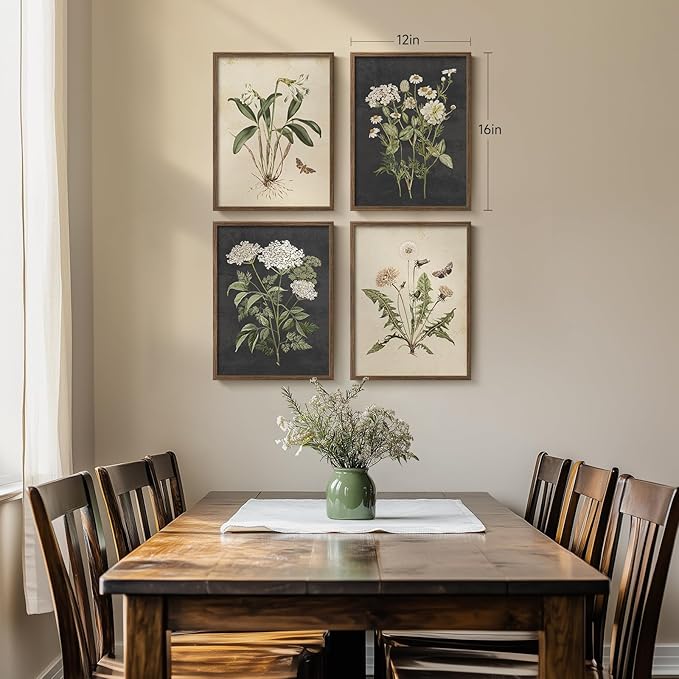 Framed Botanical Wall Art for Living Room, 4 Piece Rustic Floral Canvas Paintings Prints, Vintage Flower Pictures for Farmhouse Dining Room Hallway Bedroom Kitchen Bathroom Wall Decor, 12x16 Inch