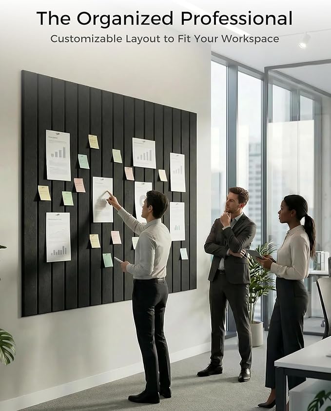 Aothia 12-Pack Felt Bulletin Board Tiles - 48x36 Modular Pin Board for Walls, 0.2" Thick Cork Board Alternative for Office & Classroom, 70 Adhesive Tabs & 40 Pushpins Included (Black)