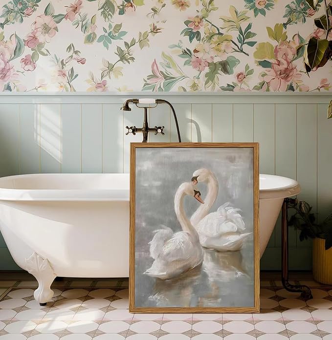 Framed Vintage Swan Canvas Wall Art, Romantic White Swan Paintings Wall Decor, Rustic Animal Pictures Prints Farmhouse Home Decor for Living Room Bedroom 16x24 inch