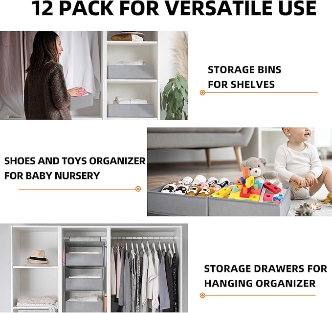 Criusia Drawer Organizer Clothes 12 Pack -Dresser Organizer Bins for Closet Bedroom - Baby Clothes Organizers and Storage for Nursery Organization -Drawer Organizer Divider for Sock Underwear-Grey