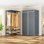 H5C Clothes Rack with Cover, Portable Closet for Hanging Clothes, Covered Clothing Racks Heavy Duty, Freestanding Garment Racks with Shelves, Max Load 360LBS Black Closet Rack with Gray Cover