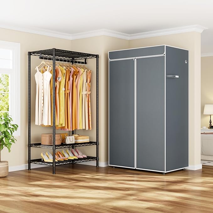 H5C Clothes Rack with Cover, Portable Closet for Hanging Clothes, Covered Clothing Racks Heavy Duty, Freestanding Garment Racks with Shelves, Max Load 360LBS Black Closet Rack with Gray Cover