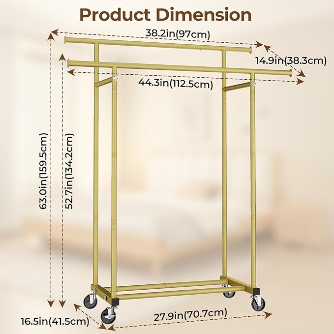 Double Rods Clothes Rack, Sturdy Rolling Clothing Rack, Portable Clothing Racks for Hanging Clothes - Metal Garment Rack Wardrobe Coat Rack for Bedroom Laundry Living Room, Gold