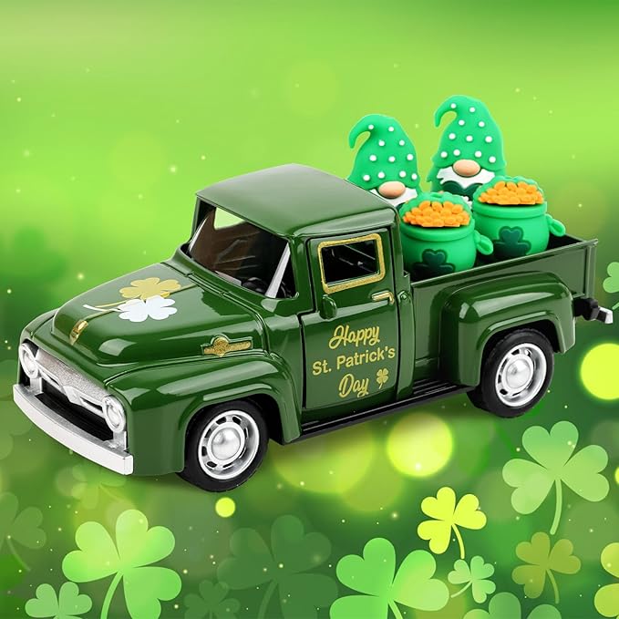 Hxezoc St Patricks Day Shamrock Truck Decor Green Vintage Metal Truck Spring Farmhouse Tabletop Mantle Decoration for Home Kitchen Office St Patricks Day Theme Party Supplies