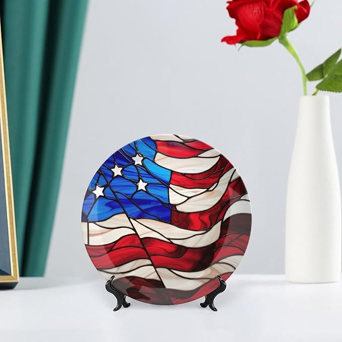 Decorative Plates for Wall Hanging, Blue Red USA Flag Stained Glass Painting Ceramic Plate w/Display Stand, Home Decor for Kitchen Cabinets, Farmhouse Round Tray 6 Inch, Gift for Patriotic