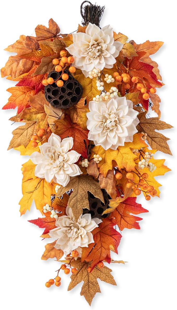 Glitzhome Fall Teardrop Swags for Front Door, 28''H Autumn Swag with Lotus, Lotus Pod and Berry, Fall Swags for Front Door, Thanksgiving Harvest Festivals Decor