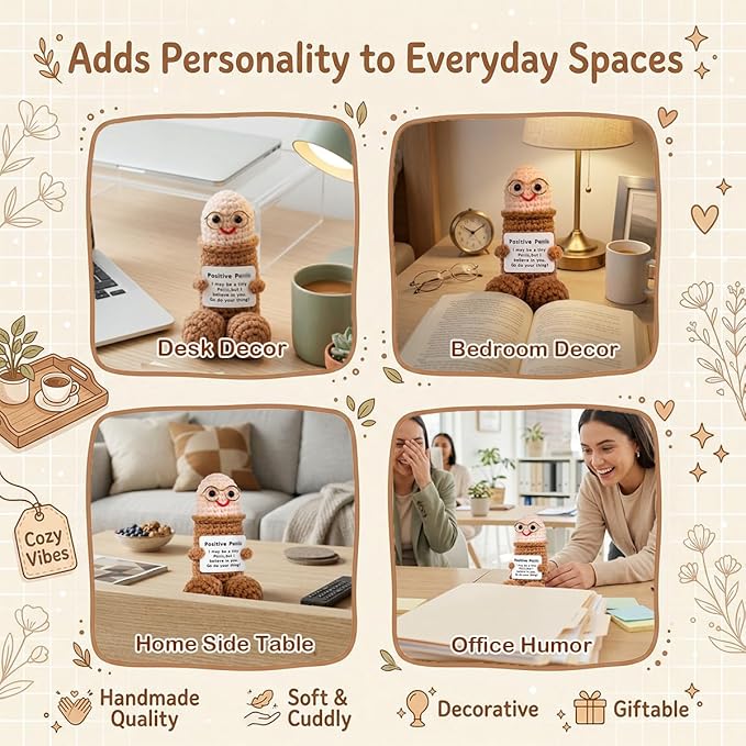 Handmade Positive Crochet Gift with Emotional Support Message Card, Funny Desk Decor Novelty Gift for Women, Boyfriend, Husband, Men, Friends, Coworker(Brown Doll-1pcs)