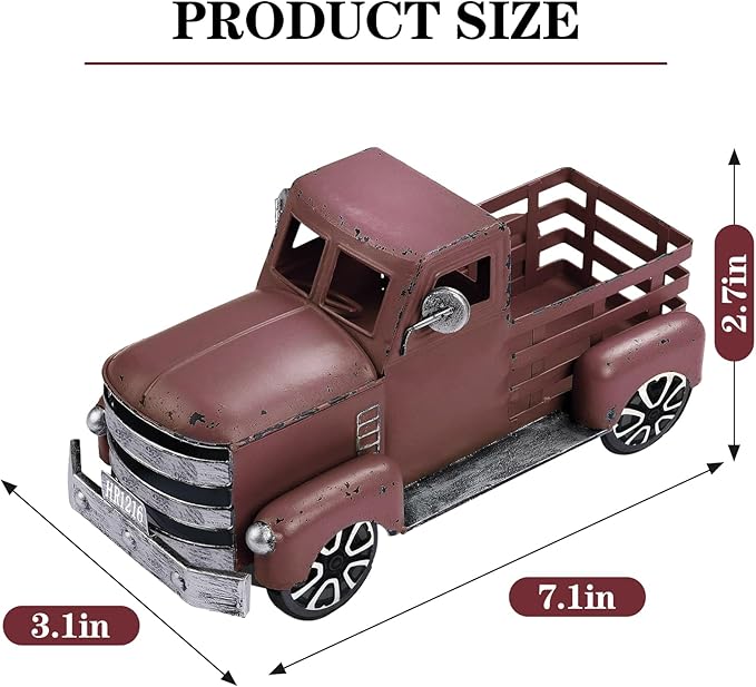 Metal Truck Decor with Handcrafted Flowers Tree, Vintage Farm Pickup Farmhouse Tabletop Tiered Tray Decor, Rustic Farmhouse Decor for Table Top Decor Home Kitchen(Wine Red)