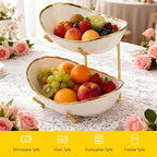 jessie 2 Tier Ceramic Fruit Bowl for Kitchen Counter with Metal Rack, Fruit Basket with Stand, Porcelain Bowls for Vegetable Bread Candy Snack Nuts Dessert Cake Tray (Gold 2 layer)