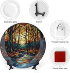 Stained Glass Theme Decorative Ceramic Plate Round Porcelain Plate,7 inch,Sunset Forest Stream Pattern,for Decorative Ornaments Giving Plates, 1 Plate with 1 Display Stand,Orange Blue