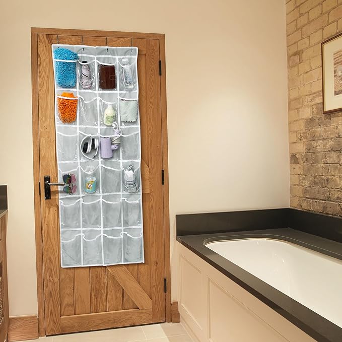 Over the Door 24 Pocket Hanging Shoe Organizer, Space Saving Hanging Storage Holder, Gray, (56" X 22.5")