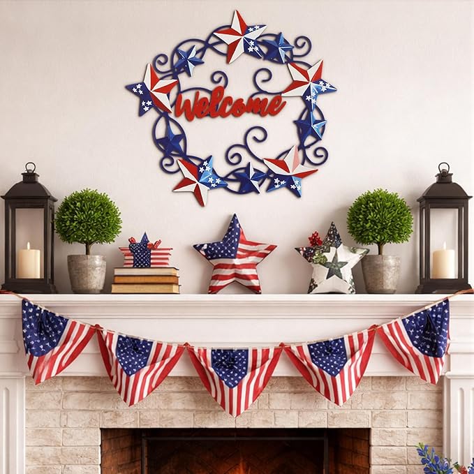 MorningRo Metal Patriotic Wreaths for Front Door Red White Blue Star 4th of July Wreaths American Flag Hanging Vintage Rustic Independence Day Welcome Sign for Porch Wall Home Outdoor, 13 Inch