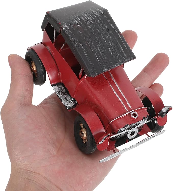 Vintage Metal Classic Car Model, Retro Automobile Figurine, Red Antique Vehicle Ornaments Rustic Decor for Office Shelf Display