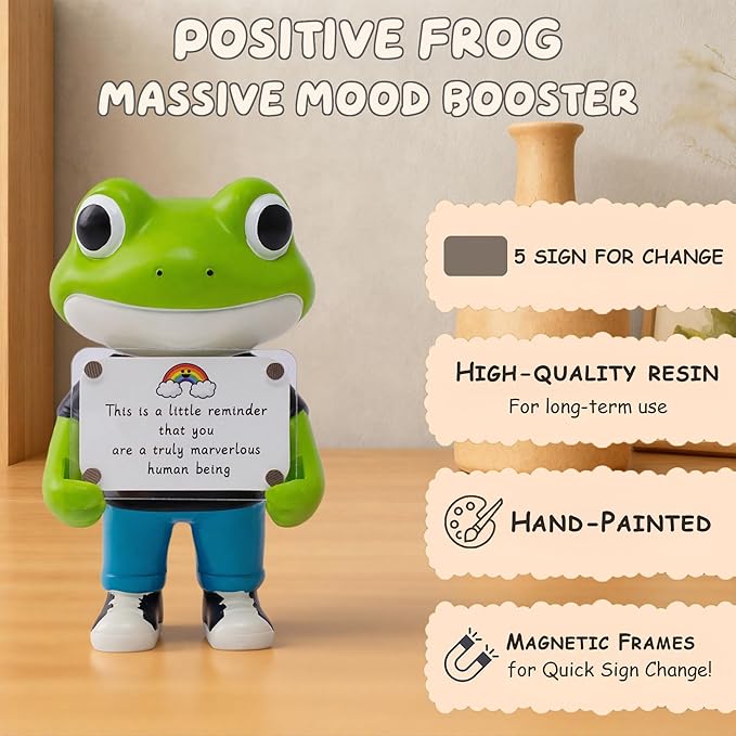 Positive Frog Figurine - 4.9" Tall Hand-Painted Resin Indoor Office Desk Decoration with Cute Motivational Sign, Funny Gift for Women Friends Bestie BFF Bestfriend Coworkers