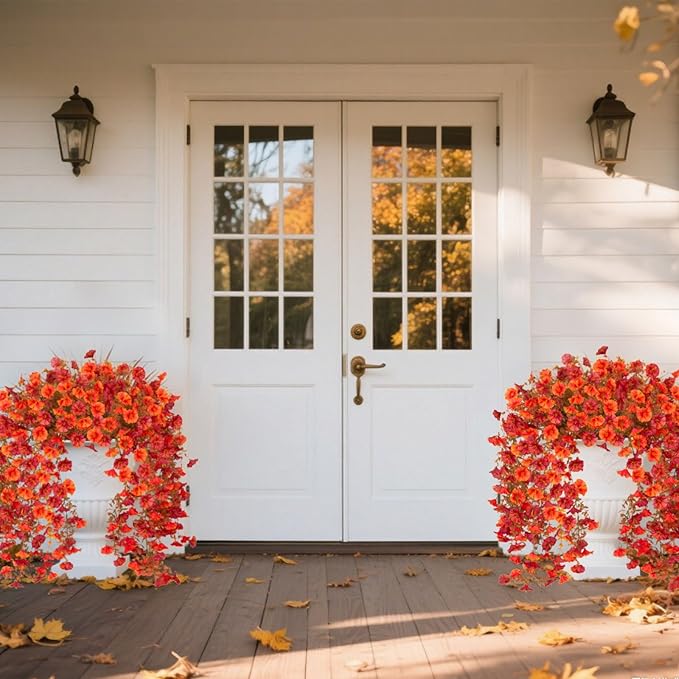 Fake Fall Hanging Flowers Artificial for Outdoor Decoration, 2 PCS Autumn Silk Faux Flowers Morning Glory with Eucalyptus Leaves, Realistic Hanging Plants for Wedding Home Office Garden Decor, Mix