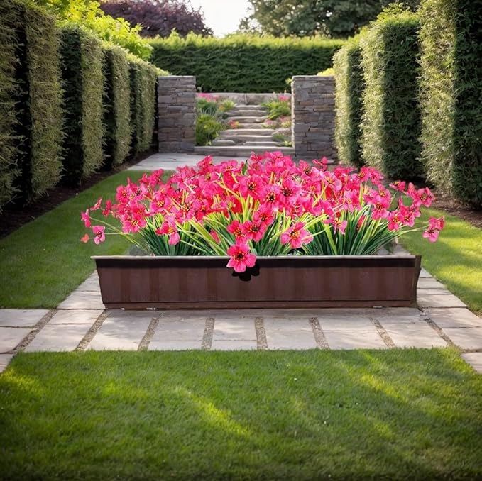 12Pcs UV Resistant Artificial Flowers Artificial Violet Outdoor Decor Realistic Faux Plants Silk Flowers No Fade for Patio Hanging Baskets Garden Pots Farmhouse Yard (Rose Red)