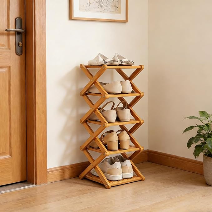 2/3/4/5/6/7/8/9 Tier Bamboo Shoe Rack - Foldable,No Installation Needed,Space-Saving Multi-Tier Storage for Indoor & Balcony Use (Brown,7 Layers)
