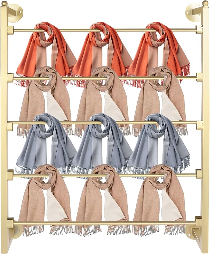 Scarf Organizer Wall Mounted, 5-Tier Scarf Display Rack, Metal Spiral Scarf Holder Belt Pants Hijab Hanger for Clothing Retail Store Home, 23.6" x 3.9" x 29.5"(Gold)