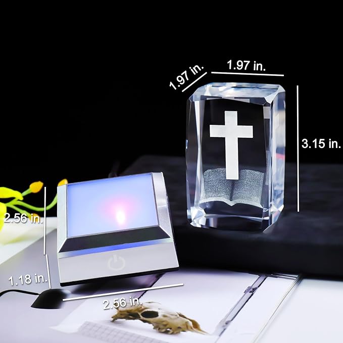 YWHL 3D Crystal Cross Figurine with Colorful Light Base, Laser Engraved Bible Religious Gifts for Women Men, Christian Collectible Decoration for Home Office