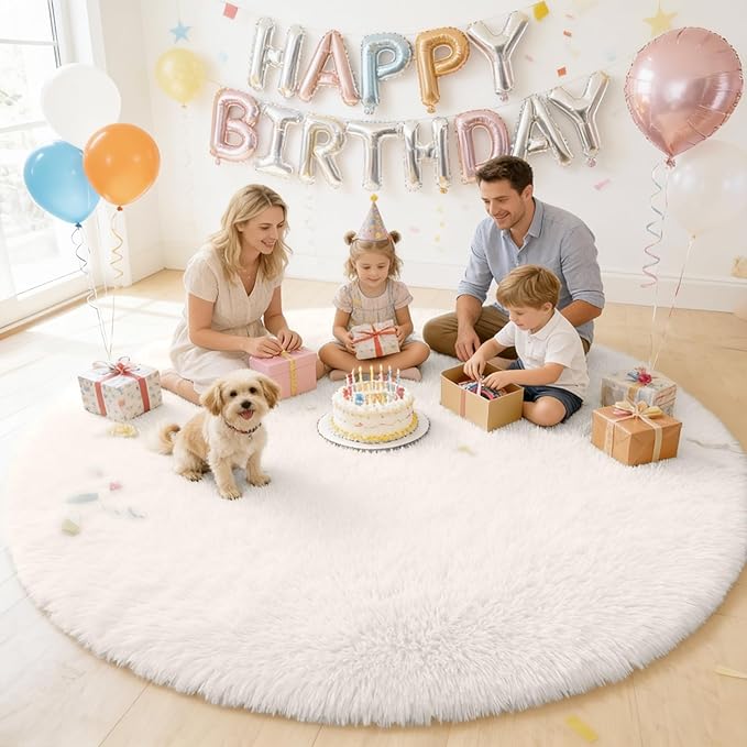 OLANLY Ivory Round Rugs for Bedroom - Machine Washable, 8 ft Circle Area Rugs for Living Room, Soft and Fluffy Shaggy Carpet for Teen Girls and Boys, Nursery Rooms, Dorms, Home Decor Aesthetic