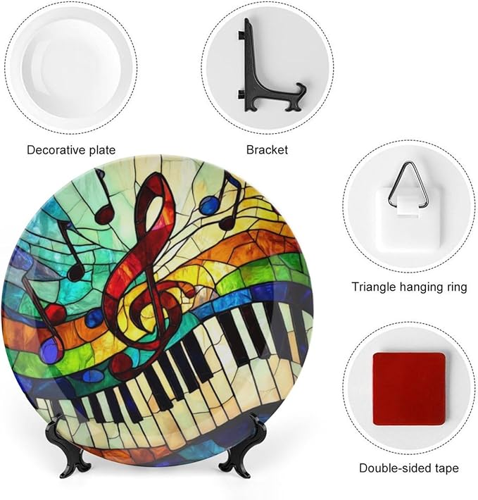 Musical Notes Theme Decorative Ceramic Plate Round Porcelain Plate,8 inch,Musical Rainbow Stained Glass Pattern,for Decorative Ornaments Giving Plates,1 Plate with 1 Display Stand,Red Blue