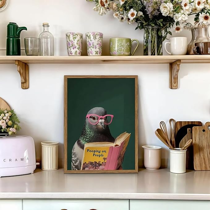 Framed Funny Pigeon Wall Art, Humorous Bird Reading Wall Decor Paintings, Pooping on People Book Pictures Canvas Print Eclectic Home Decor for Bathroom Living Room Office Dorm 16x24 inch