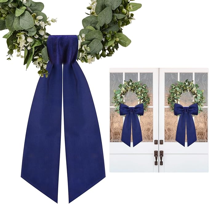 2 Pcs Navy Blue Wreath Sash for Front Door Linen Wreath Ribbon Bow for Yard Porch Garland Home Decor