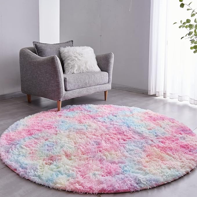 FJZFING Rainbow Round Rug Ultra-Soft Plush Modern 4x4 Circle Area Rug for Kid's Bedroom, Fluffy Shag Circular Rug for Nursery Room, Non-Slip Home Decor Colorful Carpet for Teen's Room