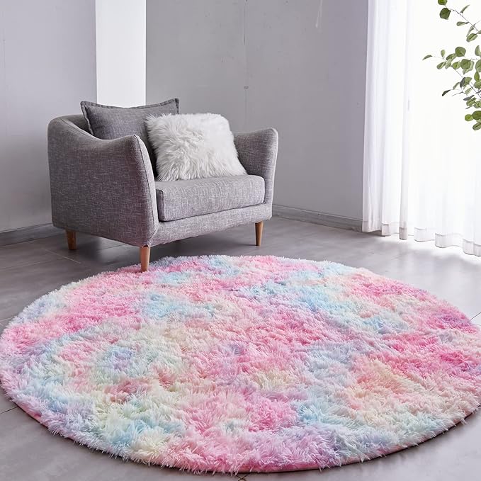 FJZFING Rainbow Round Rug Ultra-Soft Plush Modern 7x7 Circle Area Rug for Kid's Bedroom, Fluffy Shag Circular Rug for Nursery Room, Non-Slip Home Decor Colorful Carpet for Teen's Room