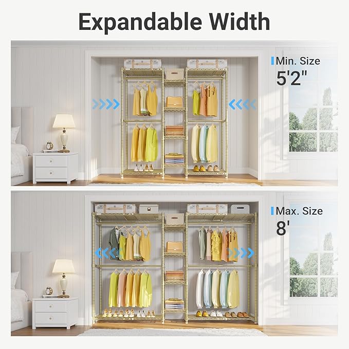 VIPEK X3 Expandable Heavy Duty Clothes Rack Adjustable from 5'2" to 8' with Adjustable Shelves and Hanger Rods, Large Freestanding Clothing Racks Reach-in & Walk-in Closet, Max Load 1210LBS, Gold