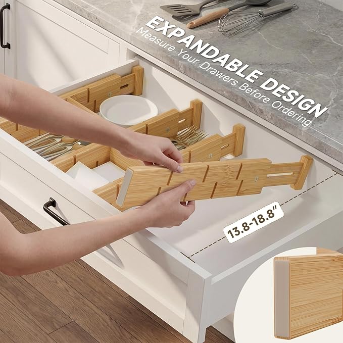 Kitchen drawer organizer,expandable bamboo drawer divider,include 8 dividers,8 small inserts and 8 medium inserts for Home, Office, Dressers (Short-8 Dividers)