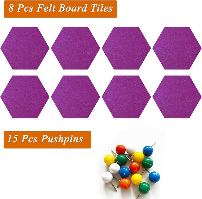 8 Pcs Hexagon Felt Cork Bulletin Board Tiles, Self Adhesive DIY Bulletin Board Pin Board for Office School Home Wall Decor Memos Photos Display(Light Purple)