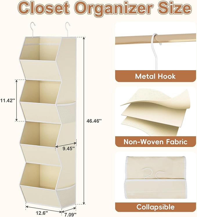 Hanging Closet Organizer 4 Shelf Collapsible Fabric Closet Organizers and Storage Hanging with Mesh Pocket for Clothes, Hanging Wardrobe Organizers and Storage for Sweater T-Shirt Shoes Toys, Beige