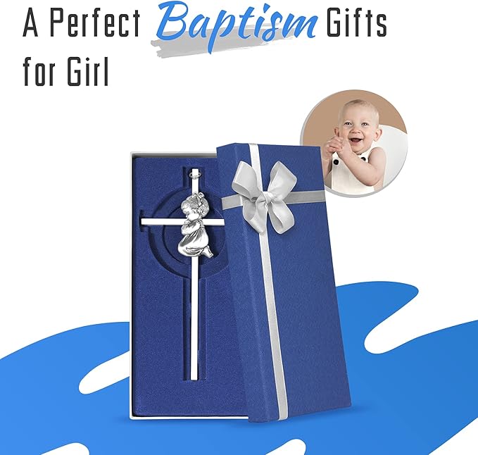 Tryuunion Baby Wall Cross Baptism Gifts for Girl, 7-inch Silver Praying Girls Baptism Crosses for First Holy Communion Christening and Dedication Baptismal Gifts from Godparents